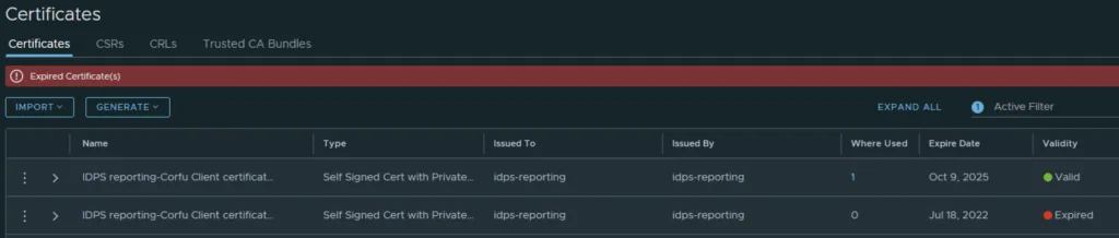 Certificate management interface shows expired and valid certificates, with options to import or generate new ones.