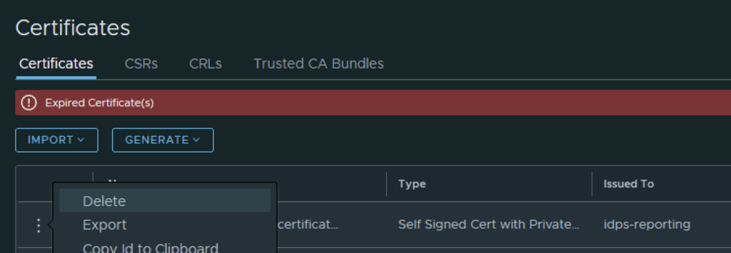 UI shows expired certificate warning, options to import, generate, delete, export, and copy ID.