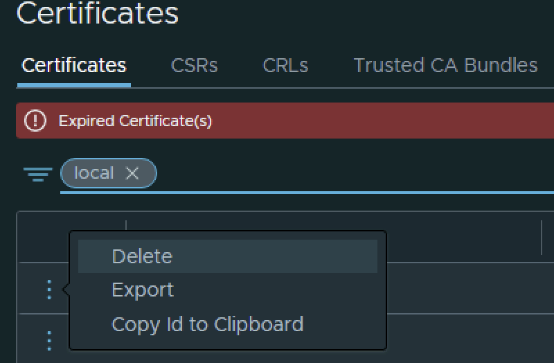 UI shows expired certificate warning, local context, and options: delete, export, copy ID.