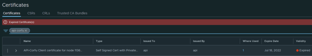 Expired certificate warning shown for API-Corfu client certificate.