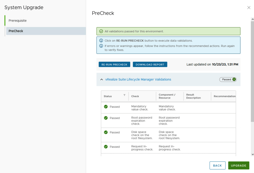 Precheck results show all validations passed; click Upgrade to proceed.