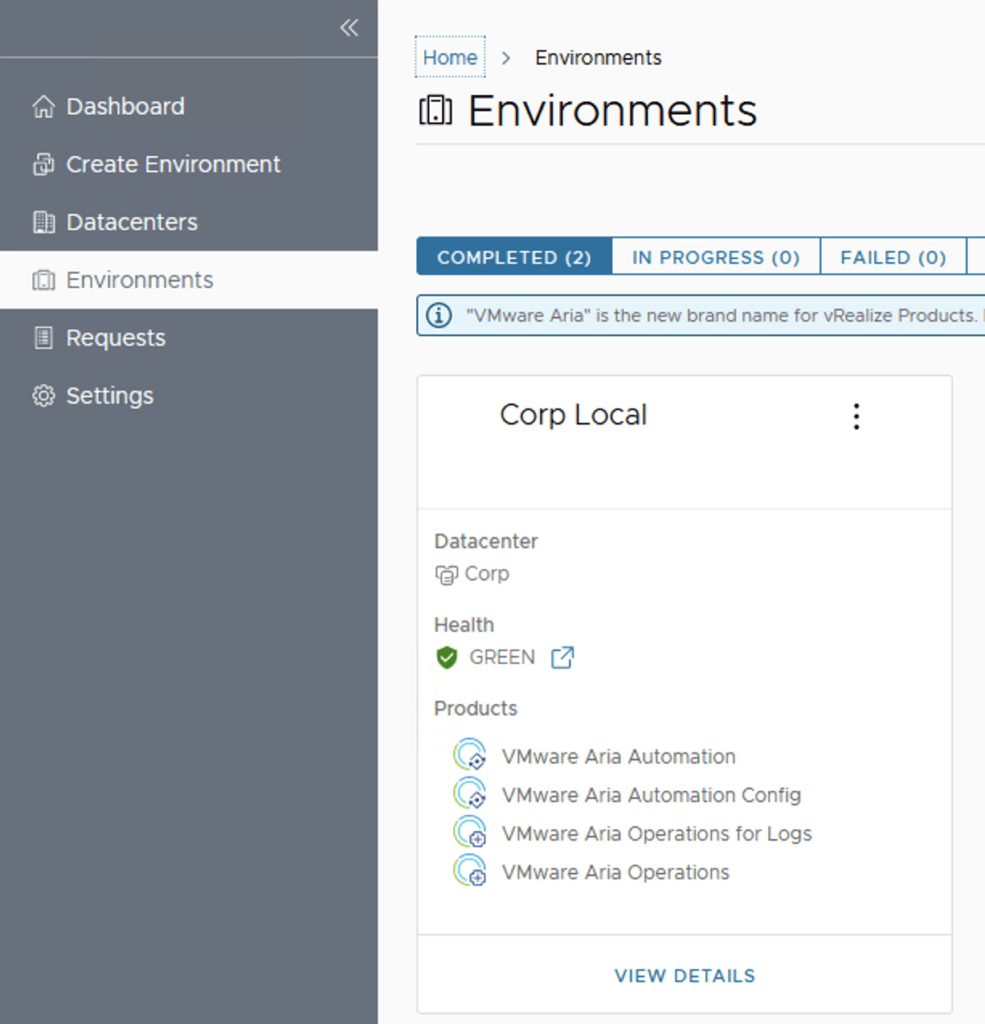 The image shows VMware Aria Environments with Corp Local details, including datacenter, health status, and products.