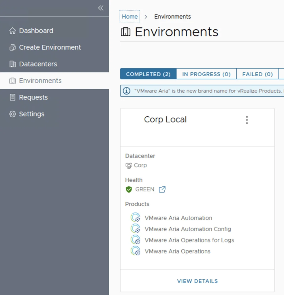The image shows VMware Aria Environments with Corp Local details, including datacenter, health status, and products.