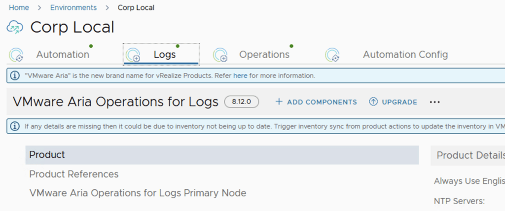 The image shows the VMware Aria Operations for Logs upgrade screen with a version 8.12.0, upgrade option, and a note about inventory sync.