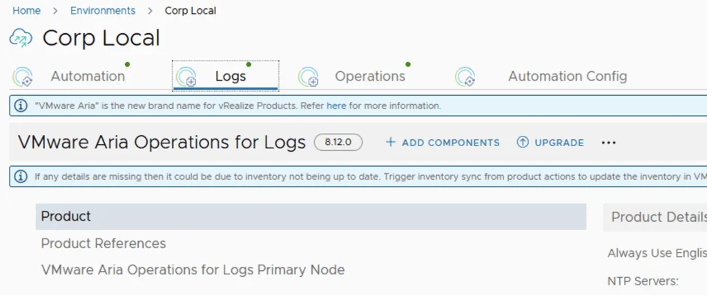 The image shows the VMware Aria Operations for Logs upgrade screen with a version 8.12.0, upgrade option, and a note about inventory sync.