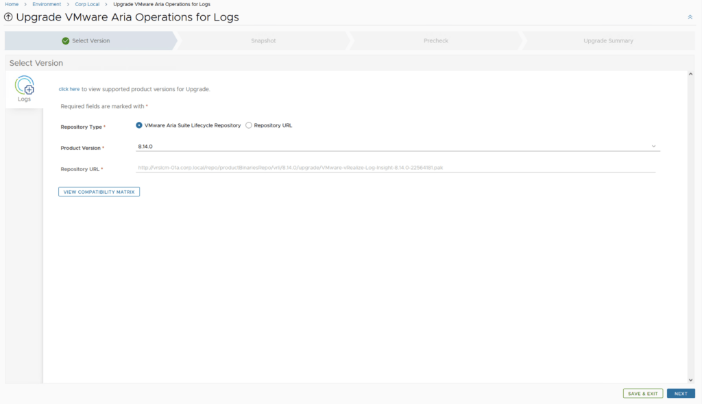 Upgrade step for VMware Aria Operations for Logs to 8.14, showing version selection and repository URL.