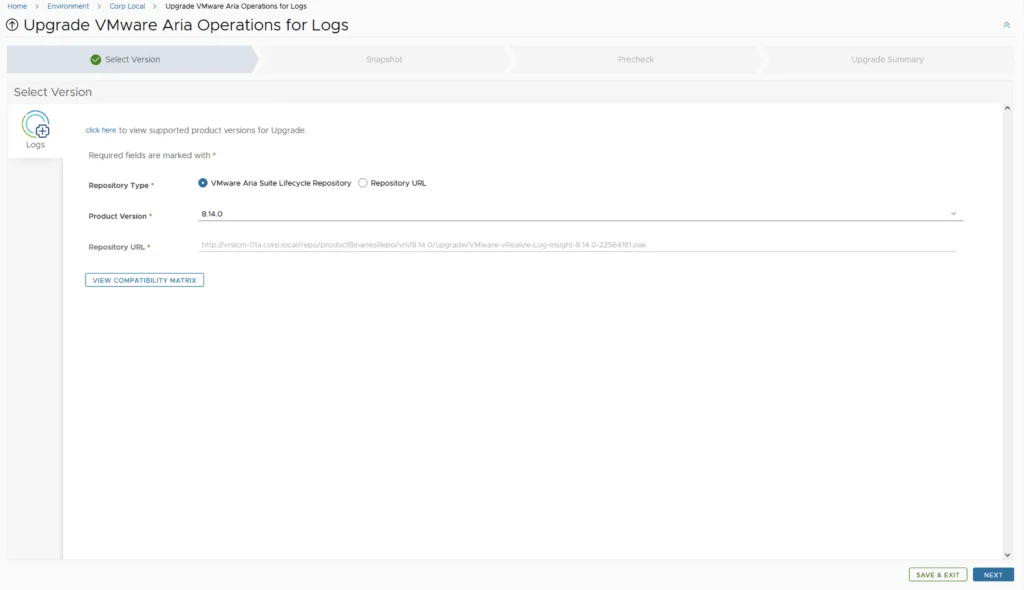 Upgrade step for VMware Aria Operations for Logs to 8.14, showing version selection and repository URL.