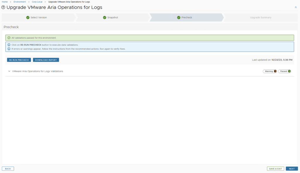 The precheck step confirms no issues, allowing continuation to the next upgrade step.