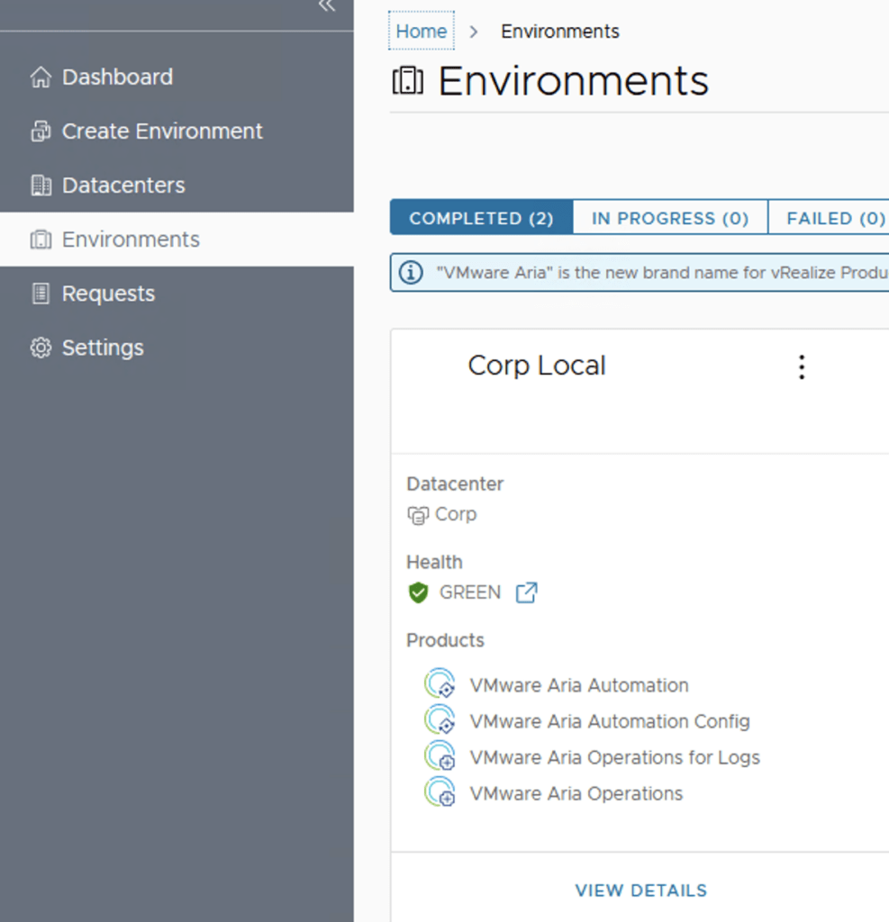 The image shows the VMware Aria Environments page with Corp Local details, including Datacenter, Health status, and Products listed.