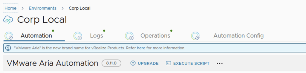 The image shows a VMware Aria Automation dashboard with options like Automation, Logs, Operations, and Automation Config.