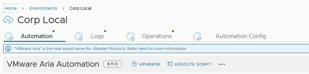 The image shows a VMware Aria Automation dashboard with options like Automation, Logs, Operations, and Automation Config.