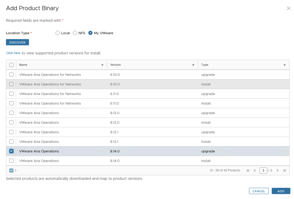 The screenshot shows a list of VMware Aria Operations binaries, with the 8.14.0 upgrade package selected for an upgrade.
