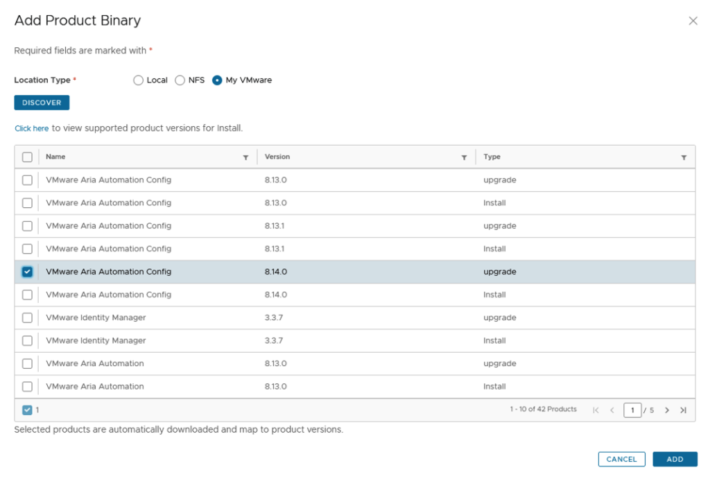 The image shows a list of VMware Aria Automation Config binaries for version 8.14.0, with an option to select and add them.