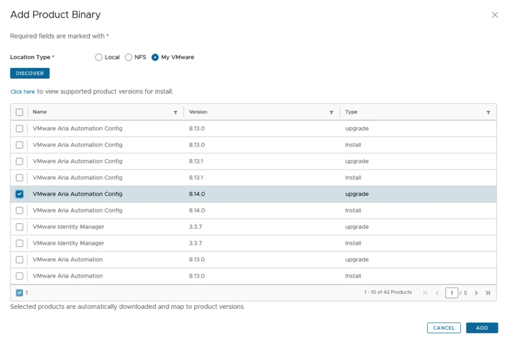 The image shows a list of VMware Aria Automation Config binaries for version 8.14.0, with an option to select and add them.