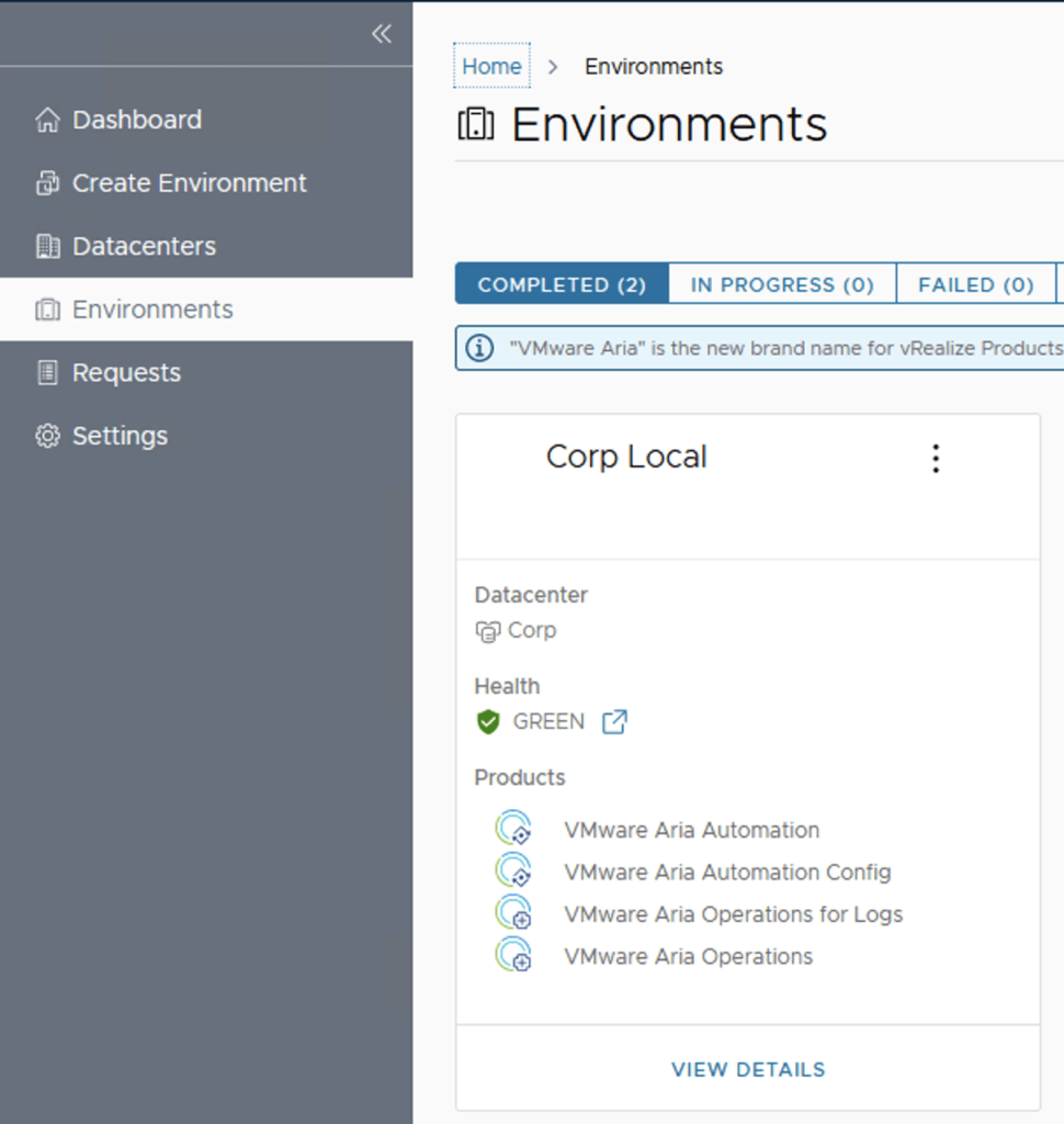 The image shows the Environments page in VMware Aria Suite Lifecycle, with Corp Local listed under Corp datacenter, showing green health and VMware Aria products.