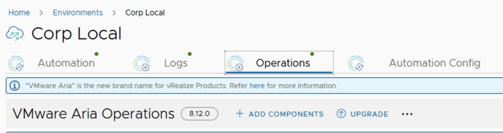 The image shows the VMware Aria Operations upgrade page with options to add components and upgrade to version 8.12.0.