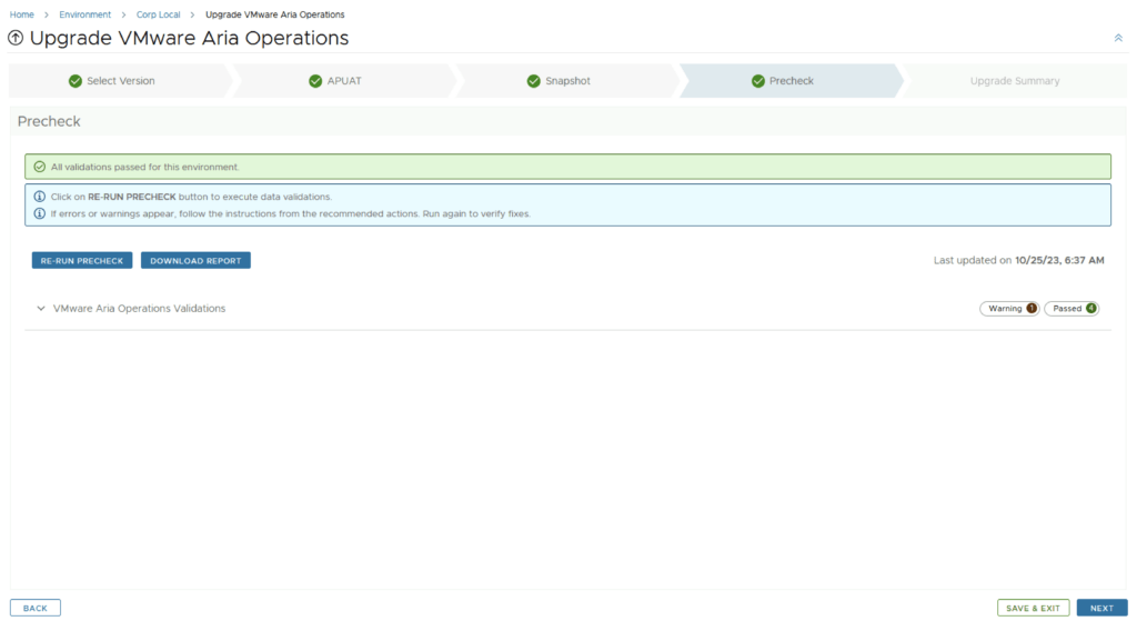 Precheck step confirms all validations passed; proceed by clicking Next.