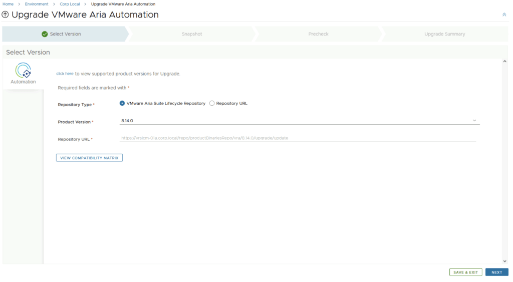 Upgrading VMware Aria Automation to 8.14.0; select version, click Next, review compatibility matrix.