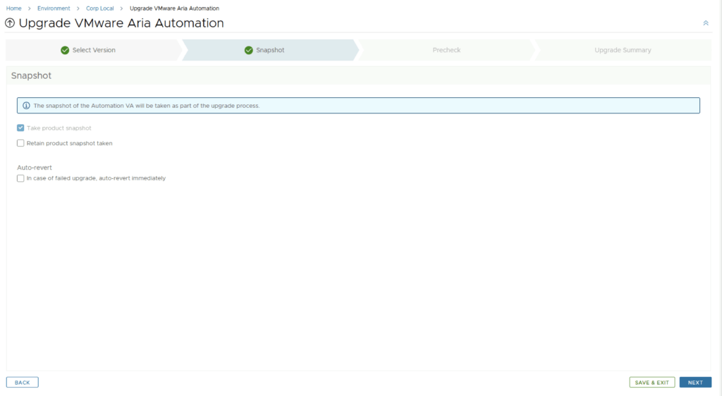 Upgrade VMware Aria Automation wizard shows snapshot options, including auto-revert and retention.