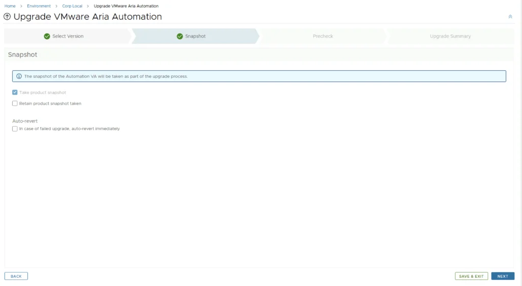 Upgrade VMware Aria Automation wizard shows snapshot options, including auto-revert and retention.