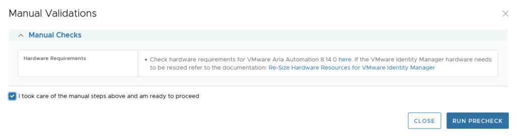 Manual validation step for VMware Aria Automation 8.14.0 hardware requirements.