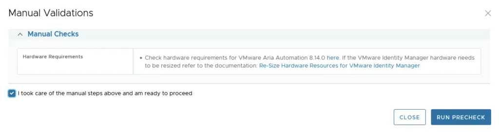 Manual validation step for VMware Aria Automation 8.14.0 hardware requirements.