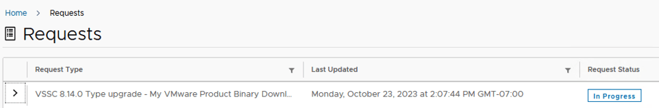 The image shows a progress status for a VMware product binary download upgrade.