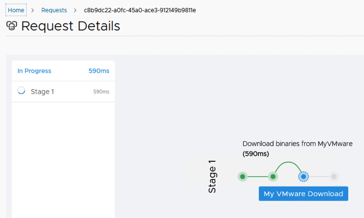 Request details show download in progress for VMware binaries.
