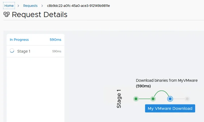 Request details show download in progress for VMware binaries.