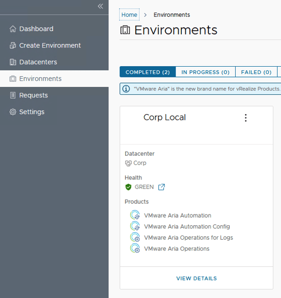 The image shows the Environments page with Corp Local details, including Datacenter, Health status, and Products.