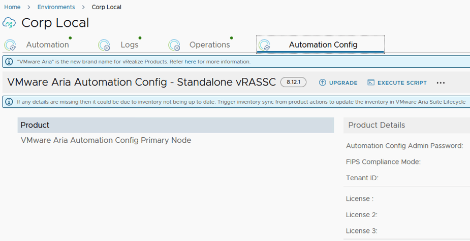 The image shows the VMware Aria Automation Config - Standalone vRASSC page with options to upgrade or execute scripts.