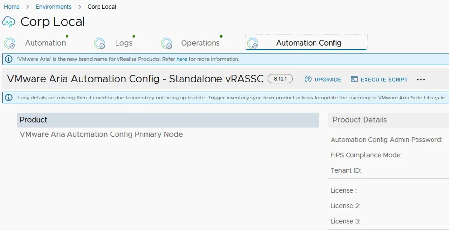 The image shows the VMware Aria Automation Config - Standalone vRASSC page with options to upgrade or execute scripts.
