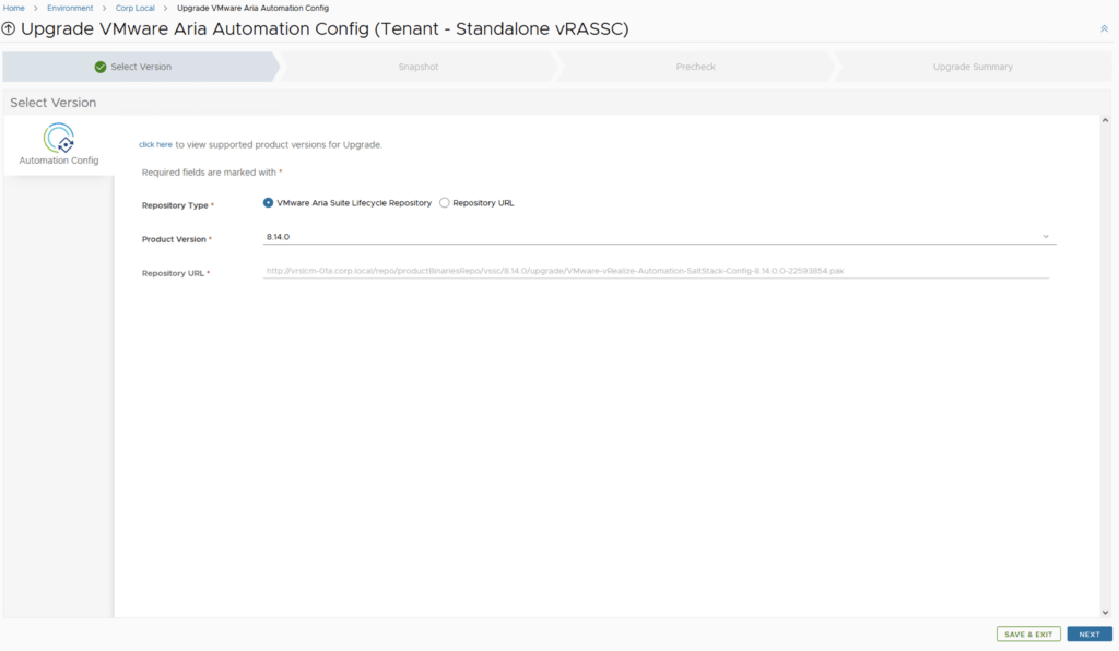 Upgrading VMware Aria Automation Config to 8.14. Select version 8.14.0 and click Next.