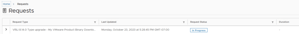 UI shows upgrade request for VMware Aria Operations for Logs 8.14.0, status: In Progress.