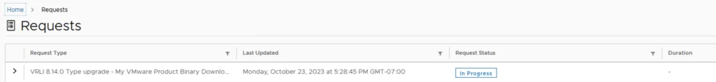 UI shows upgrade request for VMware Aria Operations for Logs 8.14.0, status: In Progress.