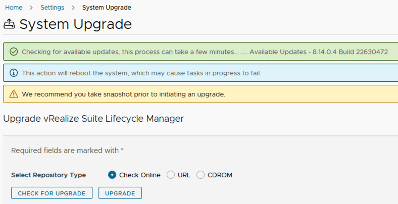 System upgrade page showing available update 8.14.0.4 and upgrade options.