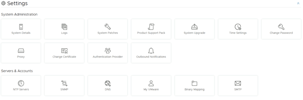Settings menu with options for System Administration and Servers & Accounts.