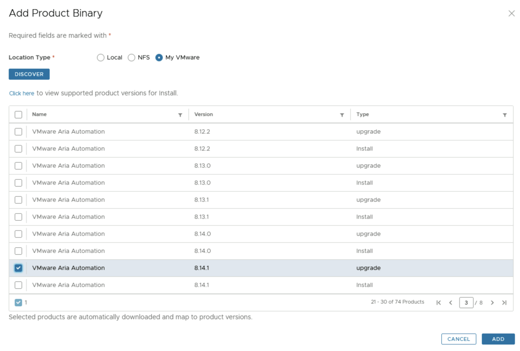 The image shows a list of VMware Aria Automation binaries for version 8.14.1, with options to upgrade or install.