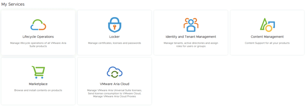 The image shows a menu with options like Lifecycle Operations, Locker, Identity and Tenant Management, Content Management, Marketplace, and VMware Aria Cloud.