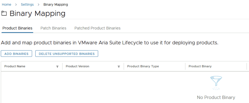 Binary Mapping screen shows options to add and delete unsupported binaries for VMware Aria Suite Lifecycle.