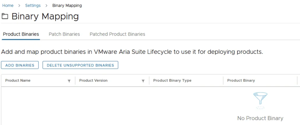Binary Mapping screen shows options to add and delete unsupported binaries for VMware Aria Suite Lifecycle.
