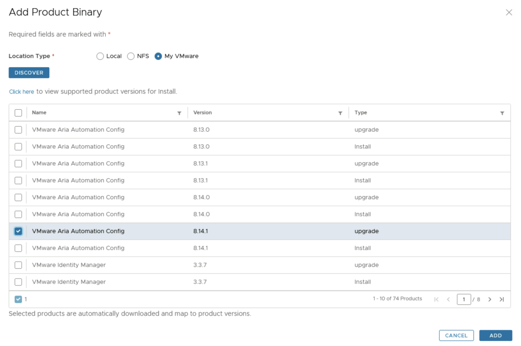 The image shows the &ldquo;Add Product Binary&rdquo; step for upgrading VMware Aria Automation Config to version 8.14.1.