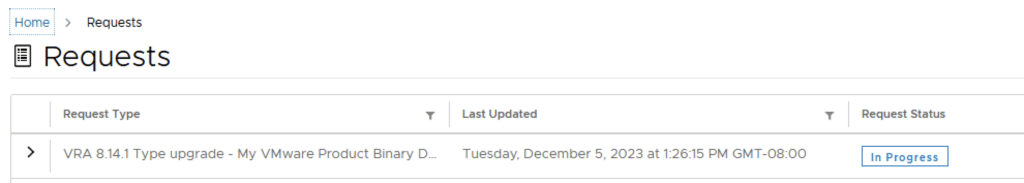 The image shows a progress status for a VRA 8.14.1 upgrade request.