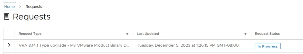 The image shows a progress status for a VRA 8.14.1 upgrade request.