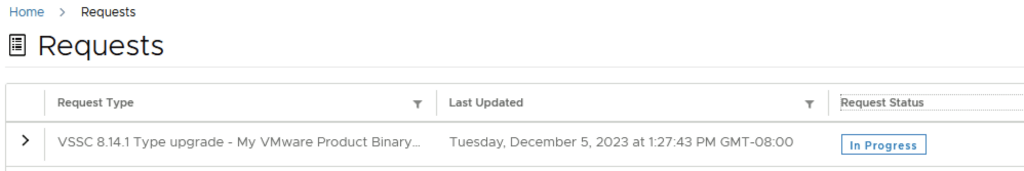 UI shows upgrade request for VMware Aria Automation Config, status is In Progress.