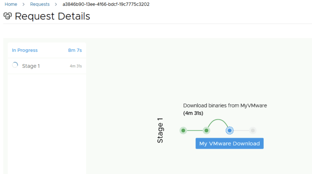 Request for VMware Aria Automation upgrade is in Stage 1, downloading binaries.