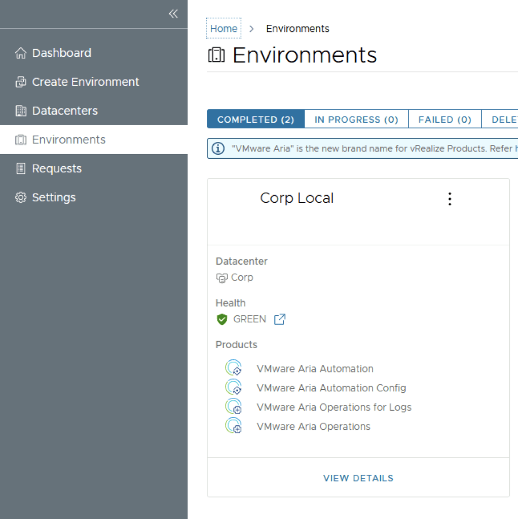 The image shows the Environments section in VMware Aria, with Corp Local datacenter details and product list.