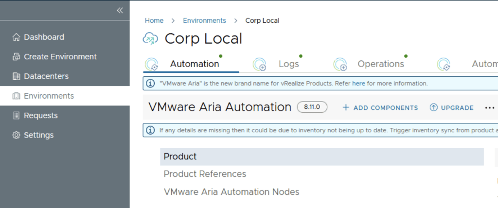 The image shows the VMware Aria Automation upgrade page with version 8.11.0, upgrade options, and a note about inventory sync.