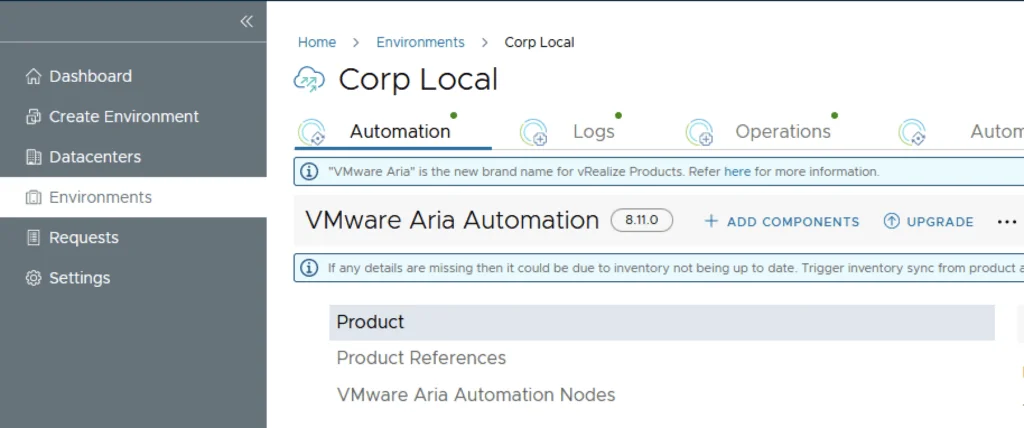 The image shows the VMware Aria Automation upgrade page with version 8.11.0, upgrade options, and a note about inventory sync.