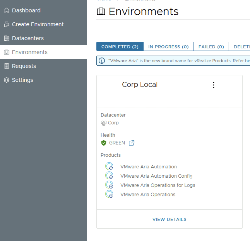 The image shows the &ldquo;Environments&rdquo; page with &ldquo;Corp Local&rdquo; listed, showing &ldquo;Datacenter Corp,&rdquo; &ldquo;Health GREEN,&rdquo; and &ldquo;Products&rdquo; including VMware Aria Automation Config.